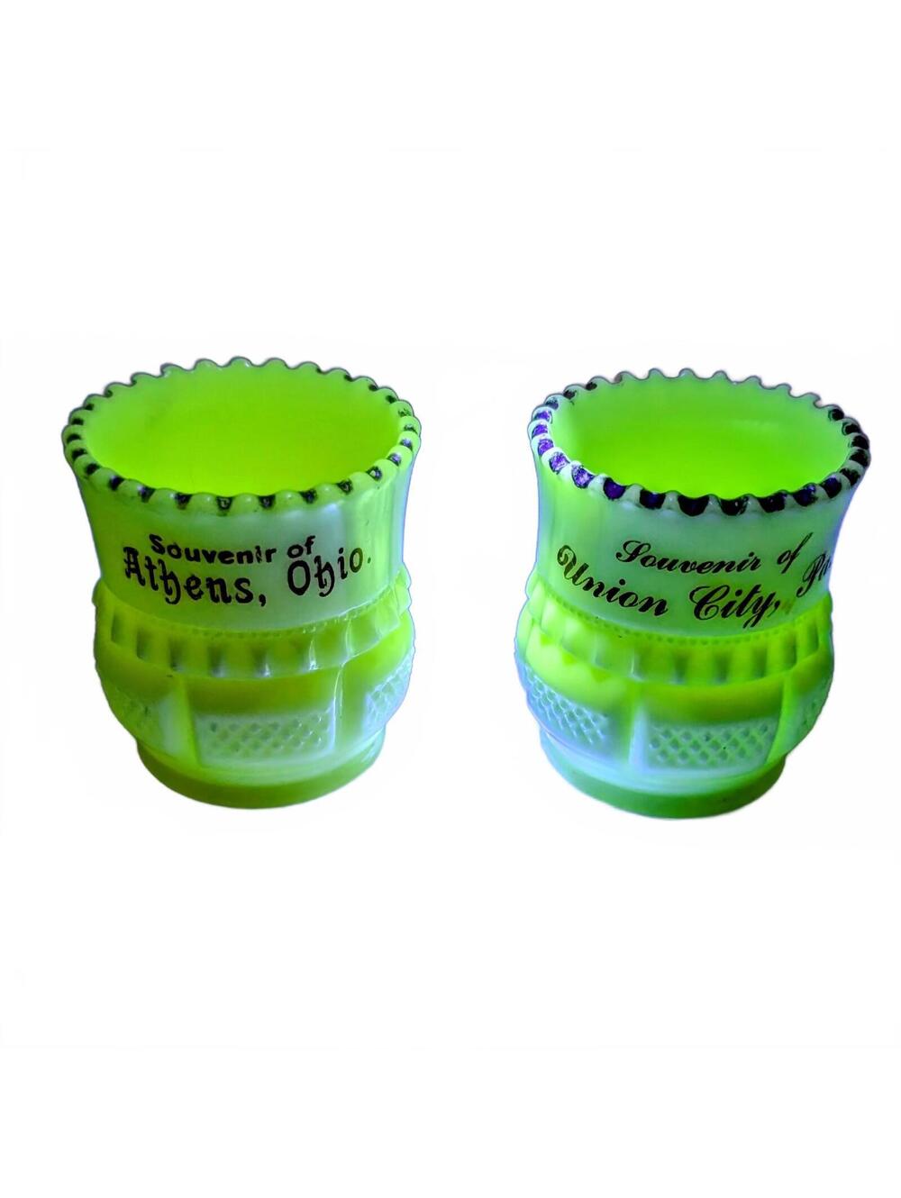 EAPG Uranium Custard Glass Souvenir Toothpick Holders - Set of 2